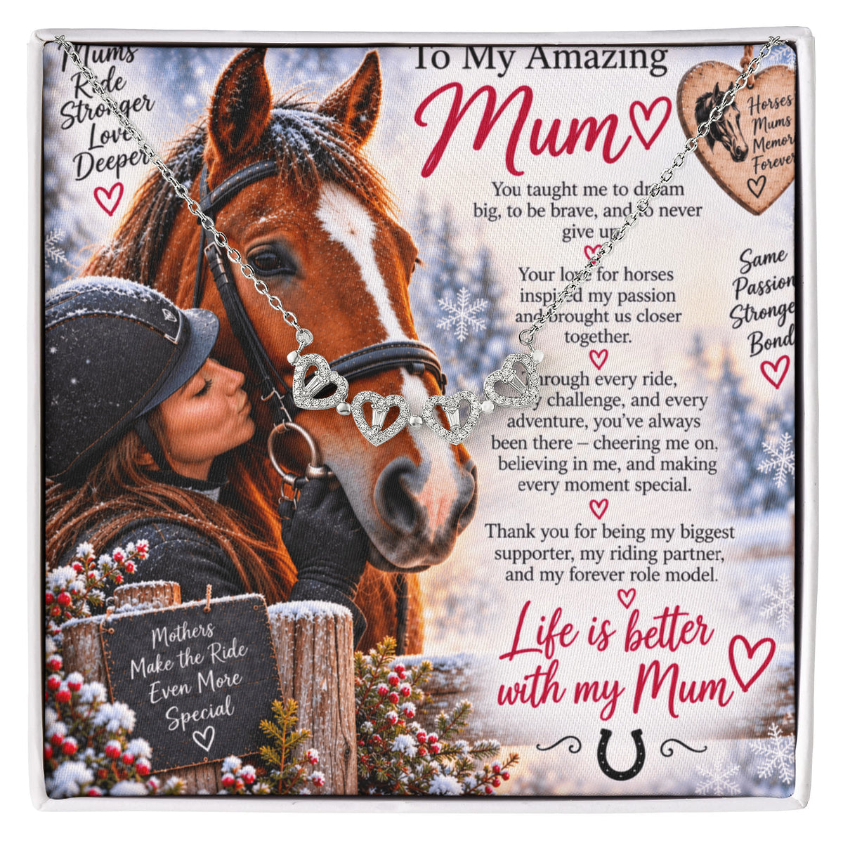 Horse Riding Mum Magnetic Hearts Necklace – Equestrian Gift for Horse-Loving Mum