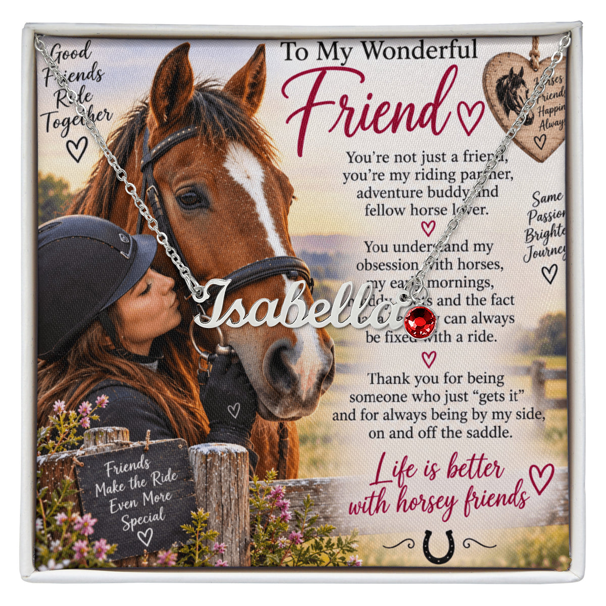 Horse Riding Friend Custom Name Necklace with Birthstone – Personalised Equestrian Gift