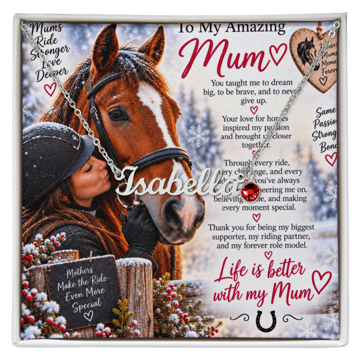 Horse Riding Mum Custom Name Necklace with Birthstone – Personalised Equestrian Gift