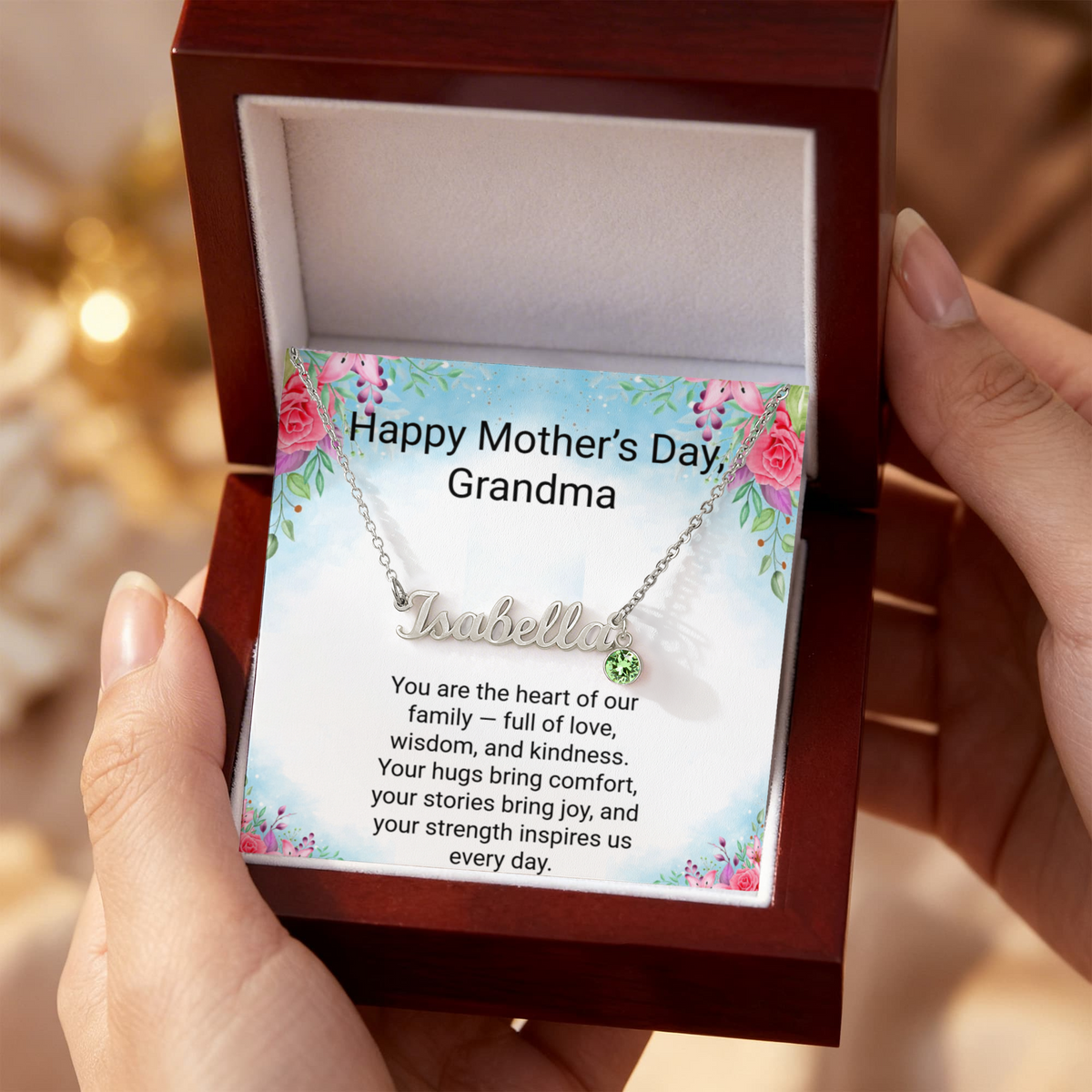 Personalised Grandma Name Necklace with Birthstone & Message Card | Mother's Day Gift