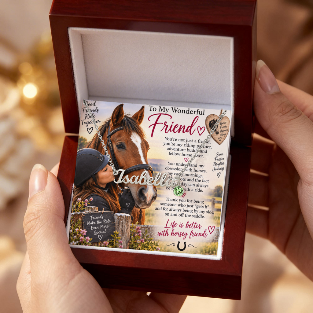 Horse Riding Friend Custom Name Necklace with Birthstone – Personalised Equestrian Gift