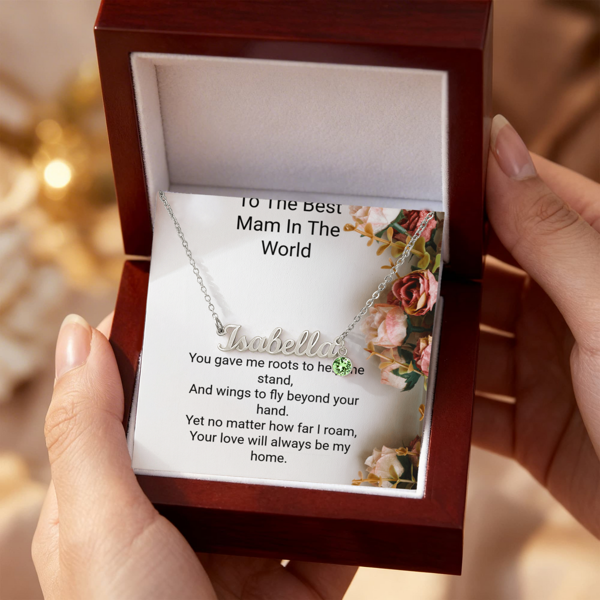 Personalised Mum Name Necklace with Birthstone & Message Card – Perfect Mother's Day Gift