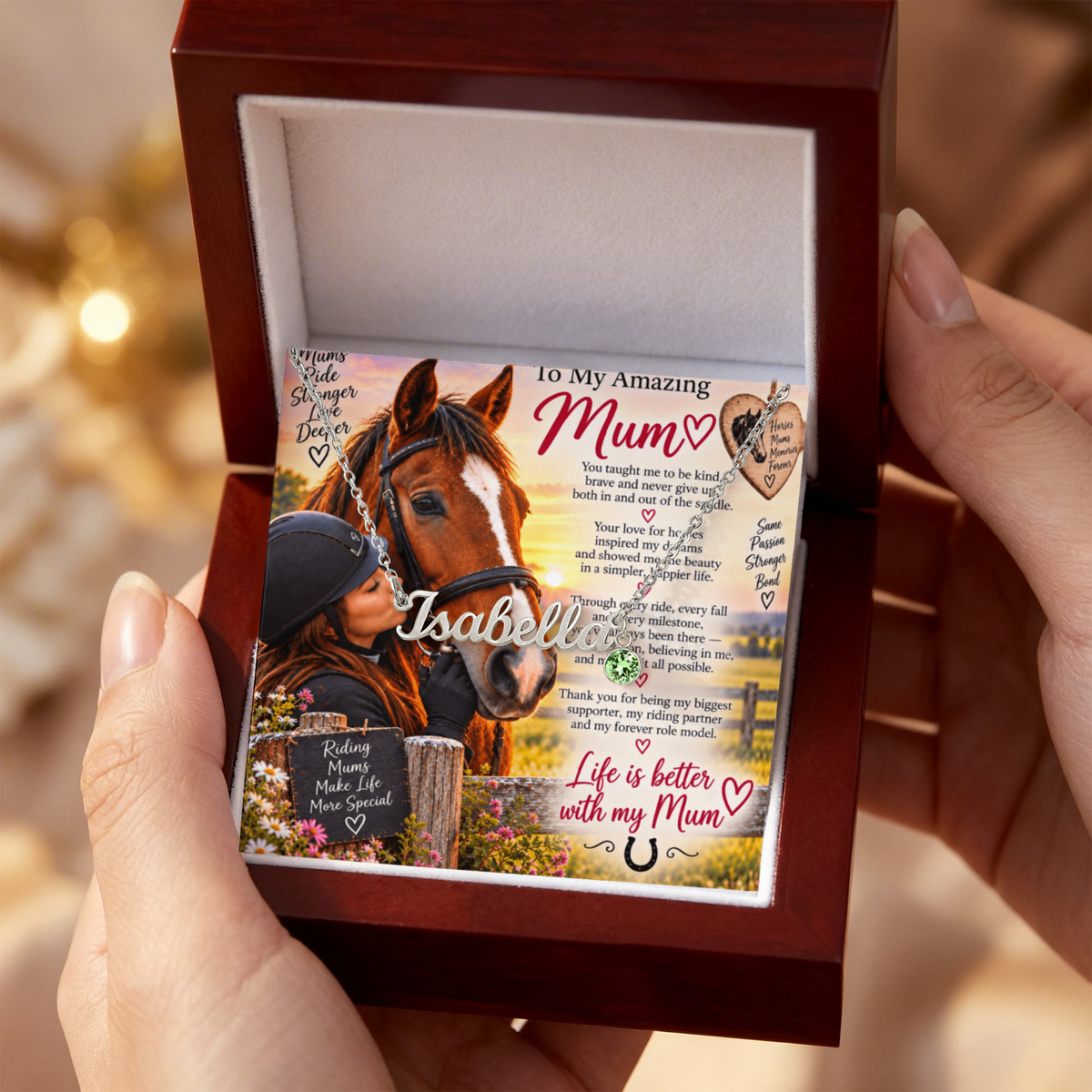 Horse Riding Mum Custom Name Necklace with Birthstone – Personalised Equestrian Gift