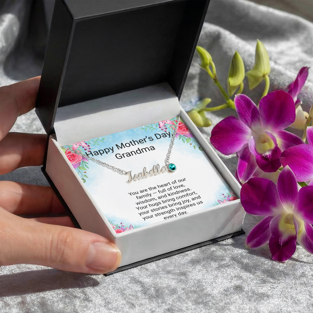 Personalised Grandma Name Necklace with Birthstone & Message Card | Mother's Day Gift