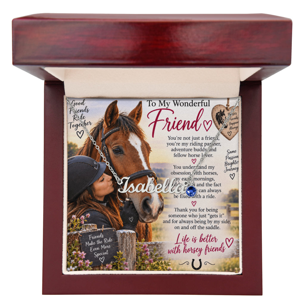 Horse Riding Friend Custom Name Necklace with Birthstone – Personalised Equestrian Gift