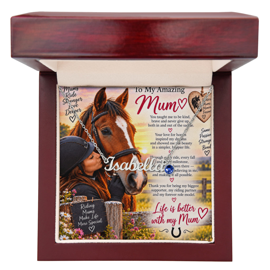 Horse Riding Mum Custom Name Necklace with Birthstone – Personalised Equestrian Gift