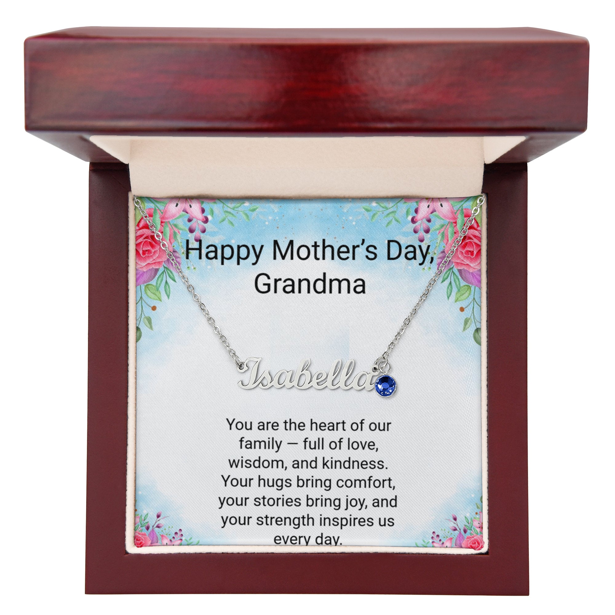 Personalised Grandma Name Necklace with Birthstone & Message Card | Mother's Day Gift