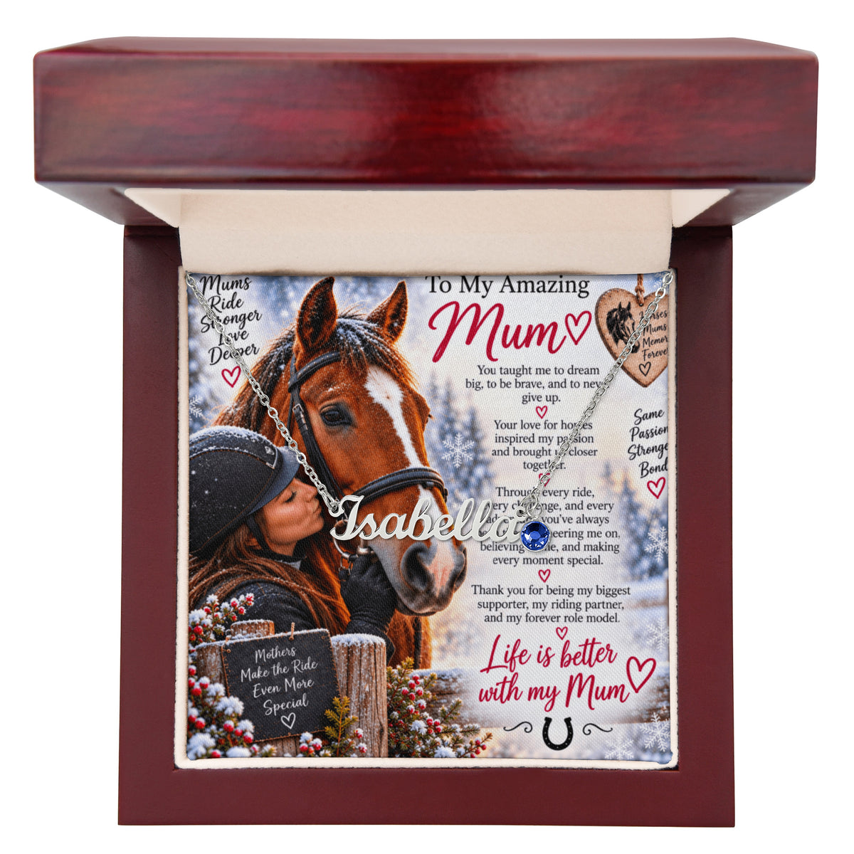 Horse Riding Mum Custom Name Necklace with Birthstone – Personalised Equestrian Gift