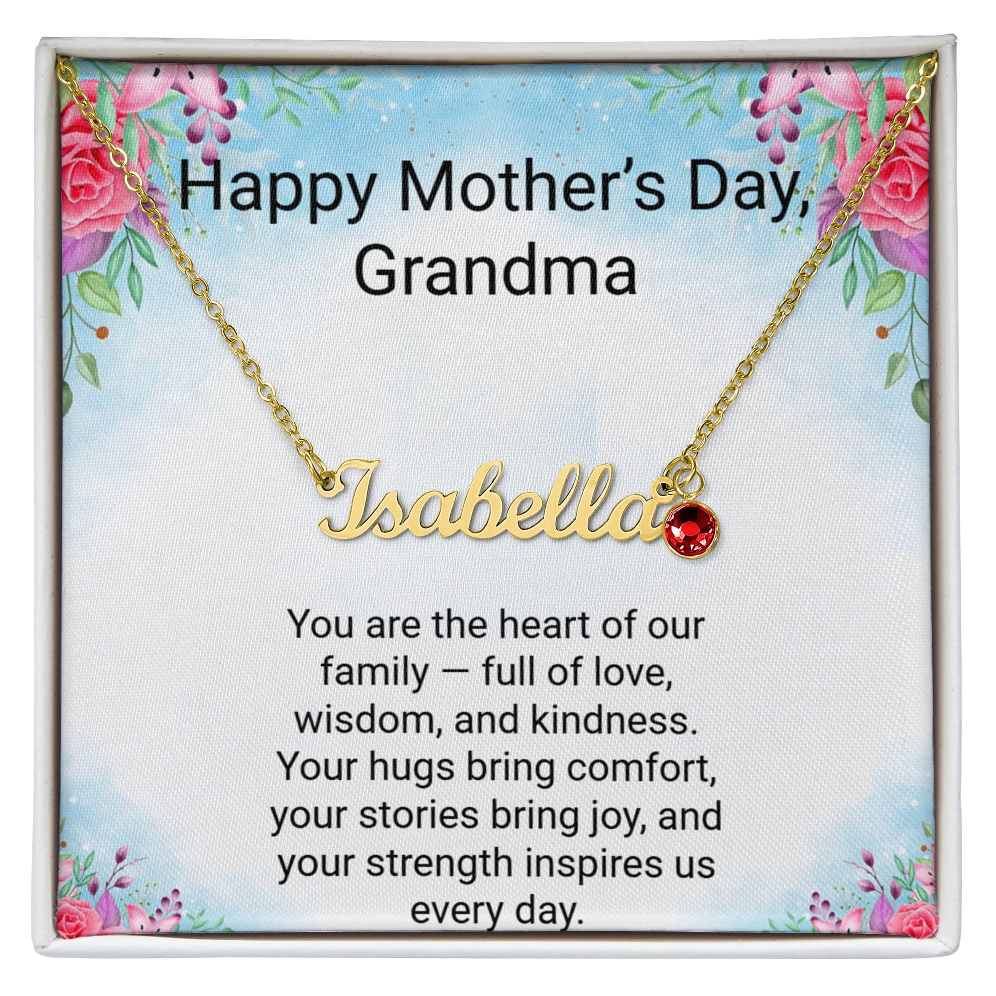Personalised Grandma Name Necklace with Birthstone & Message Card | Mother's Day Gift