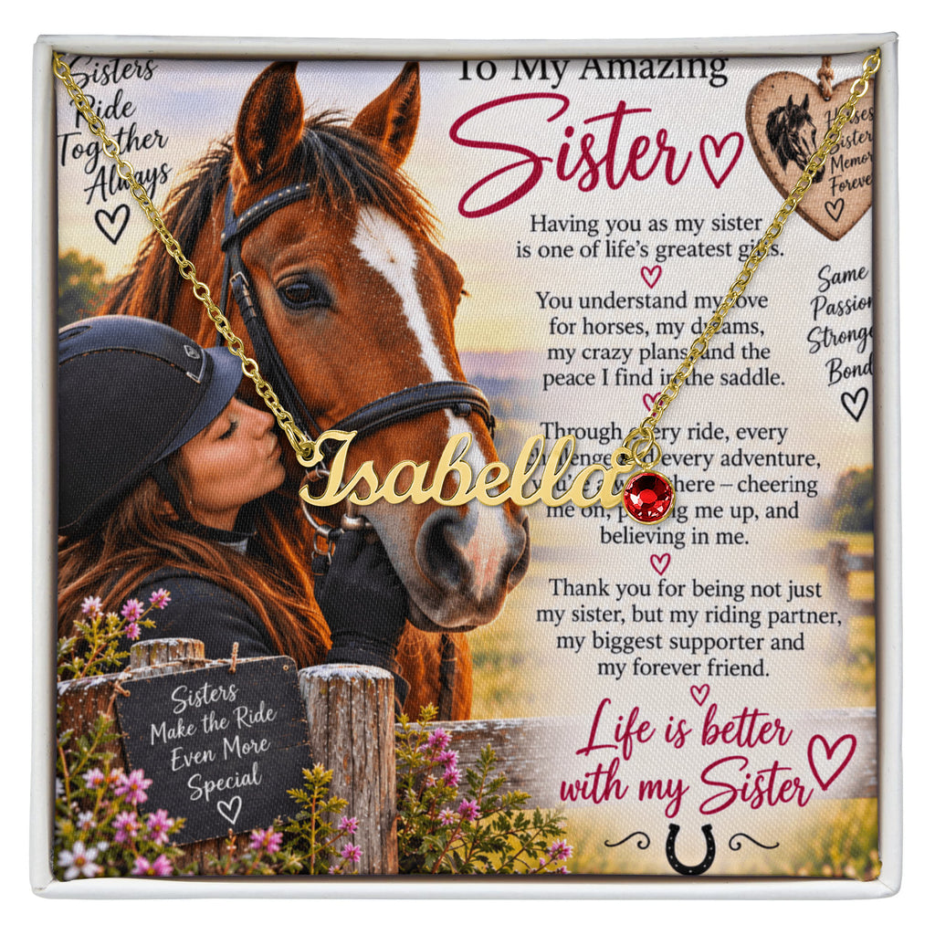 Sister Name Necklace with Birthstone – Personalised Gift for Sister