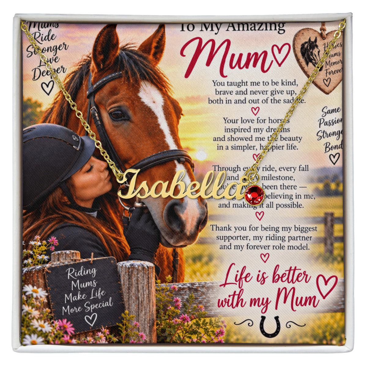 Horse Riding Mum Custom Name Necklace with Birthstone – Personalised Equestrian Gift