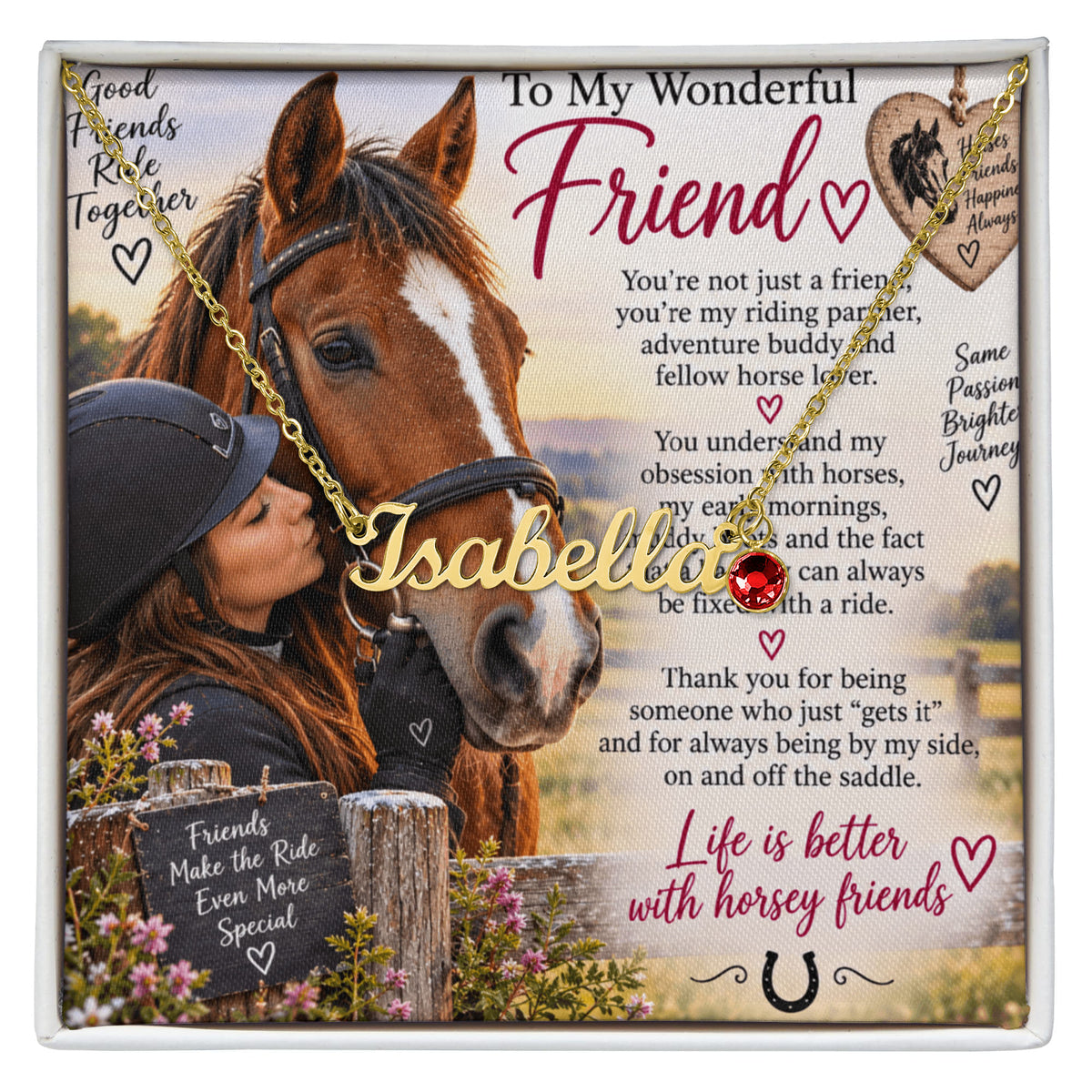 Horse Riding Friend Custom Name Necklace with Birthstone – Personalised Equestrian Gift