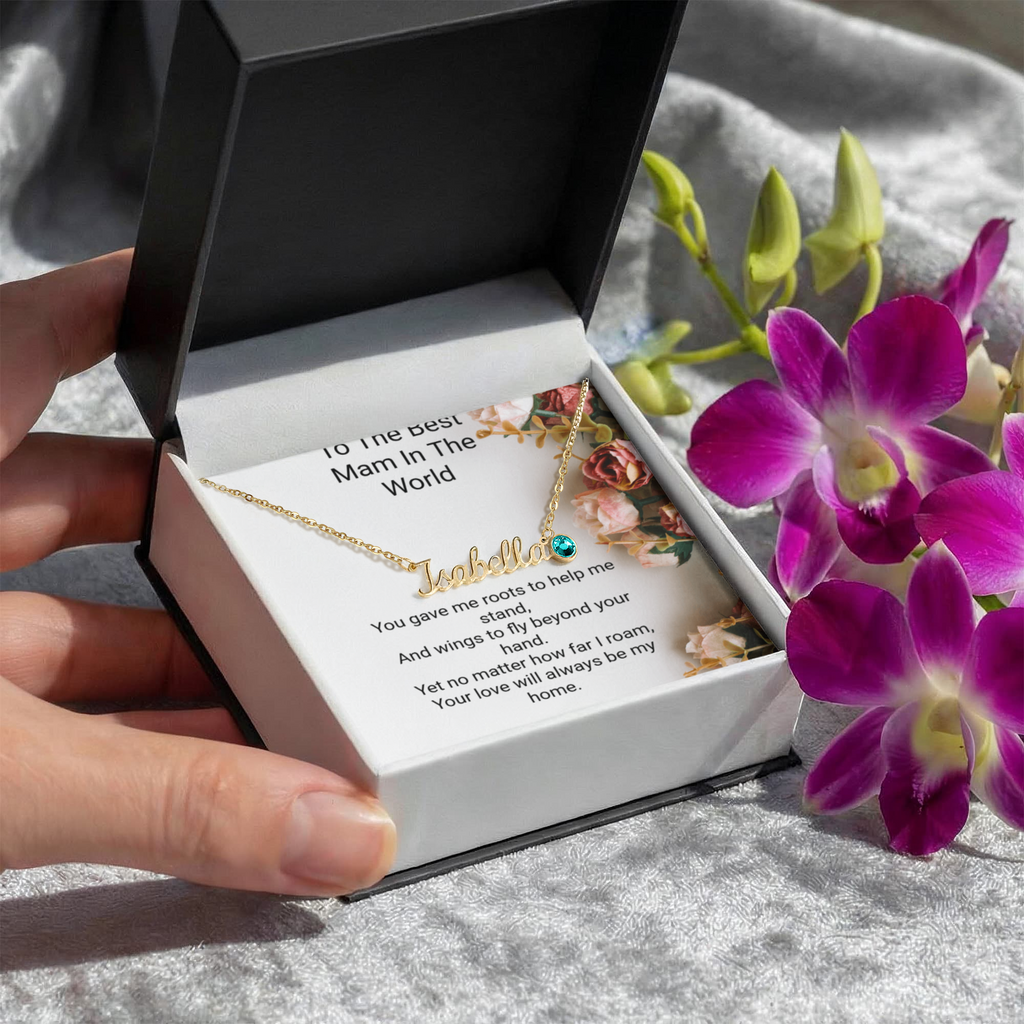 Personalised Mum Name Necklace with Birthstone & Message Card – Perfect Mother's Day Gift