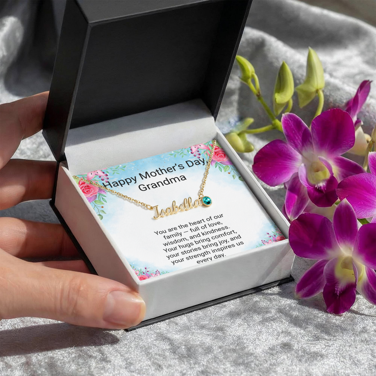 Personalised Grandma Name Necklace with Birthstone & Message Card | Mother's Day Gift