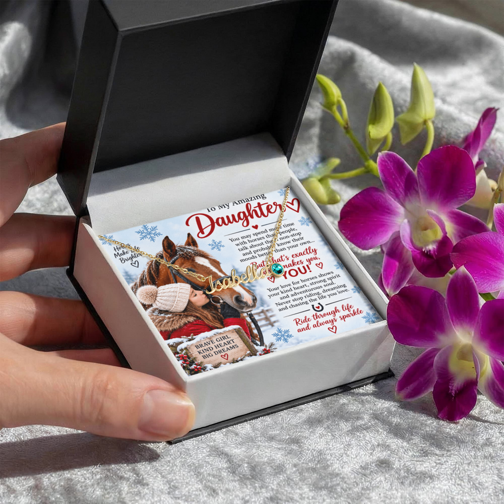Horse Riding Daughter Custom Name Necklace with Birthstone – Personalised Equestrian Gift