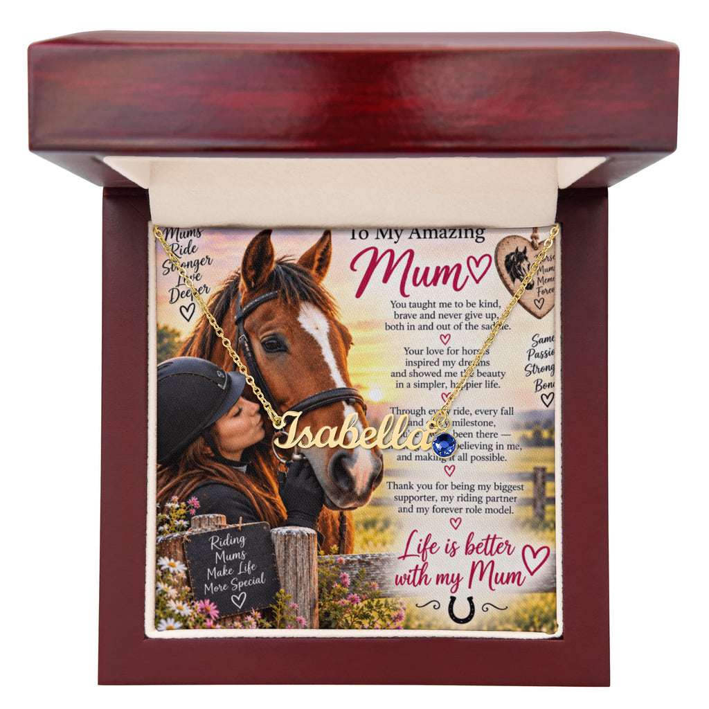 Horse Riding Mum Custom Name Necklace with Birthstone – Personalised Equestrian Gift