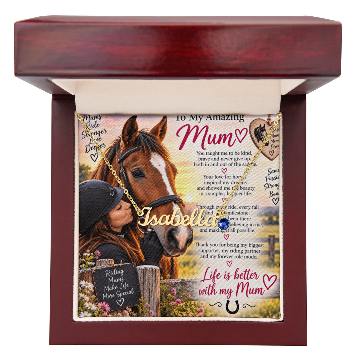 Horse Riding Mum Custom Name Necklace with Birthstone – Personalised Equestrian Gift
