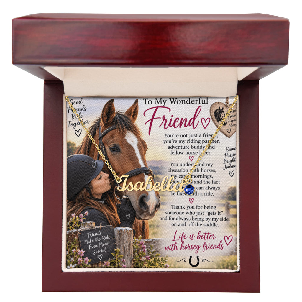 Horse Riding Friend Custom Name Necklace with Birthstone – Personalised Equestrian Gift