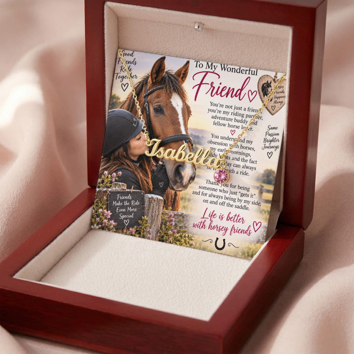 Horse Riding Friend Custom Name Necklace with Birthstone – Personalised Equestrian Gift