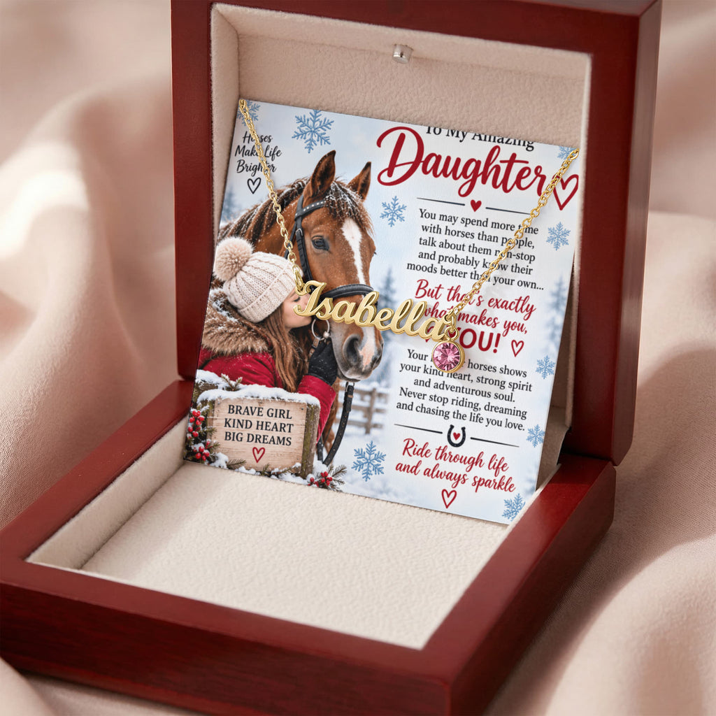 Horse Riding Daughter Custom Name Necklace with Birthstone – Personalised Equestrian Gift