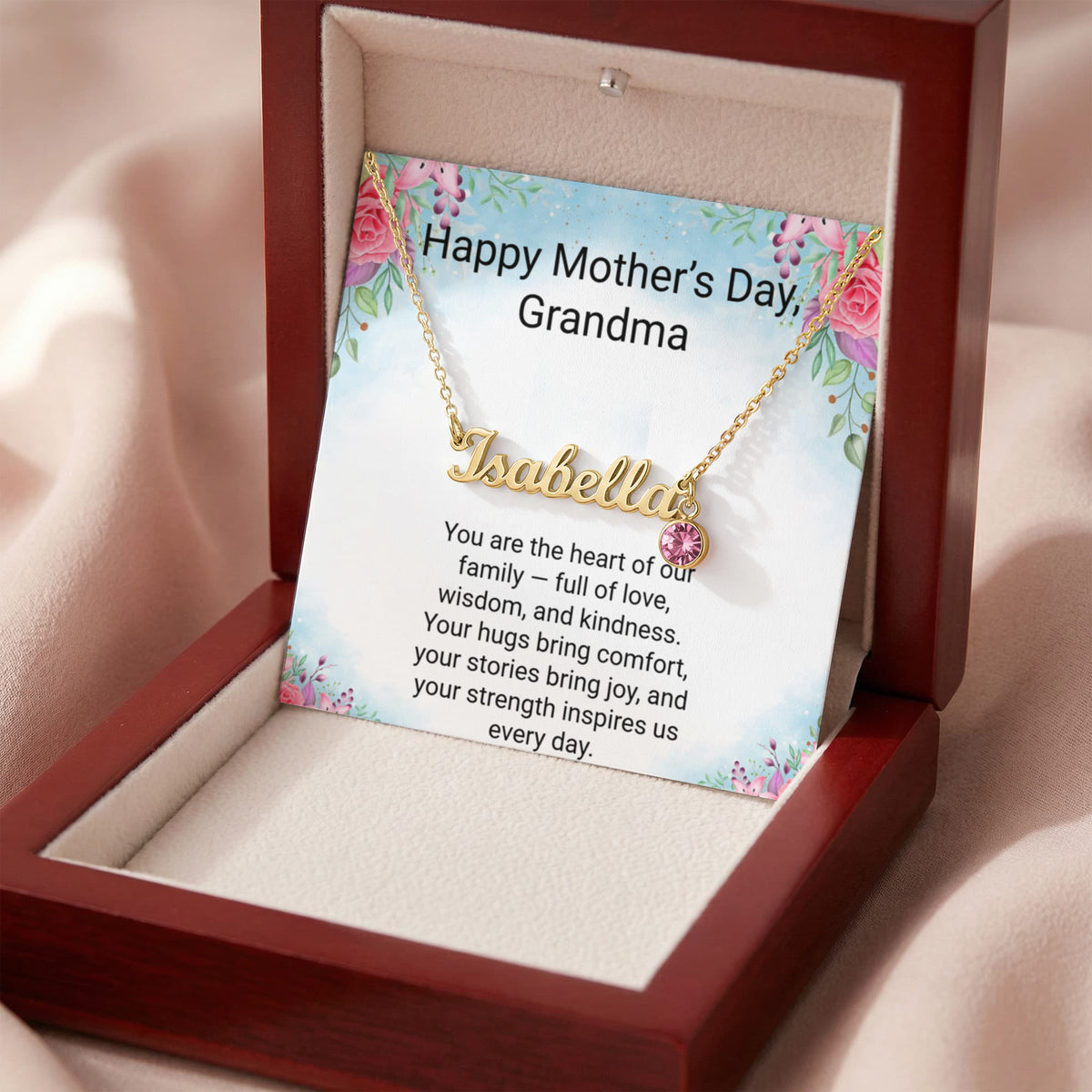 Personalised Grandma Name Necklace with Birthstone & Message Card | Mother's Day Gift