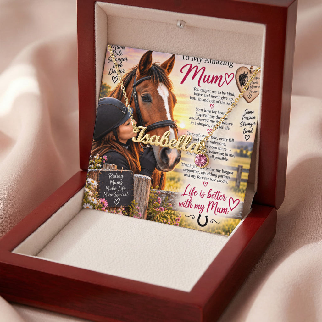 Horse Riding Mum Custom Name Necklace with Birthstone – Personalised Equestrian Gift