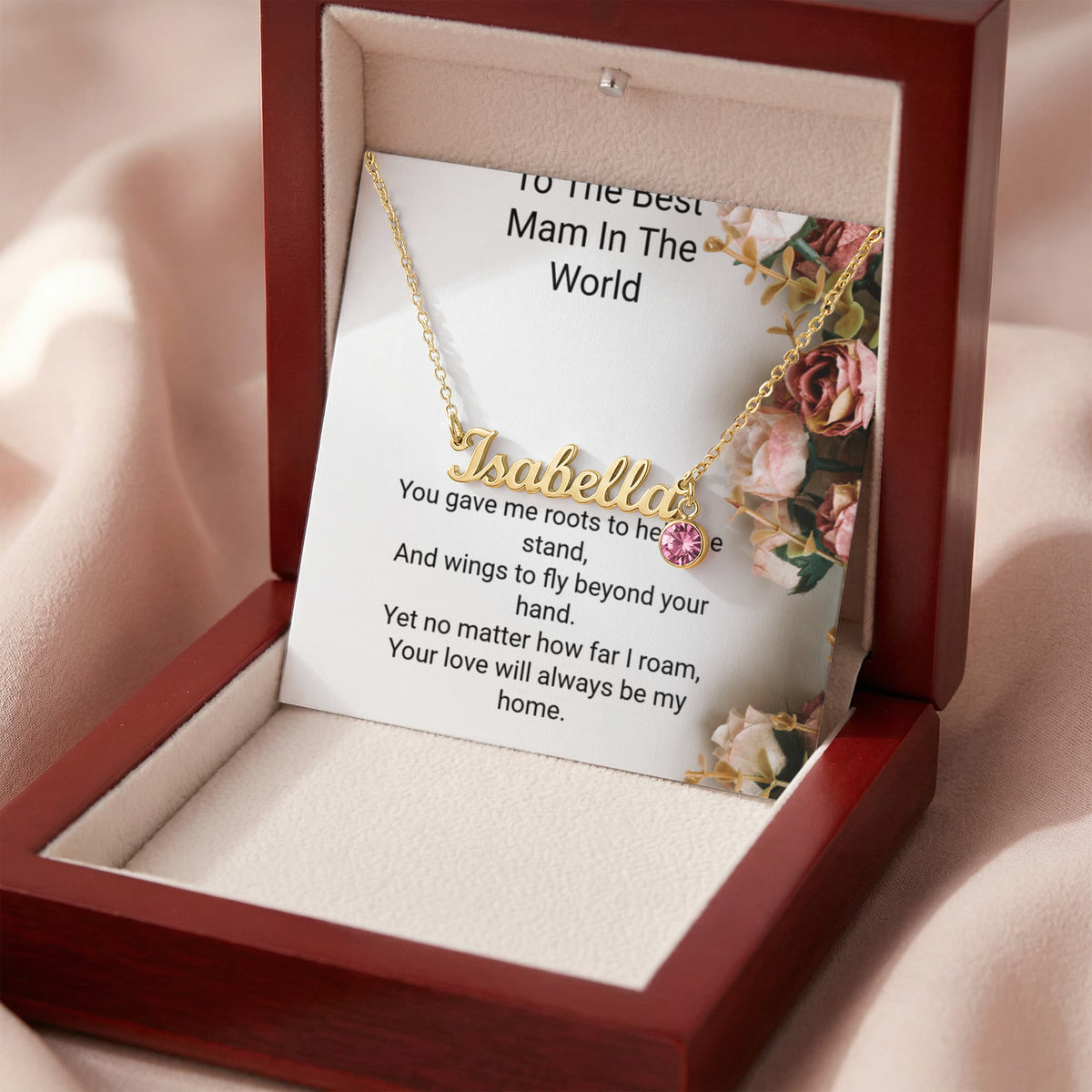 Personalised Mum Name Necklace with Birthstone & Message Card – Perfect Mother's Day Gift
