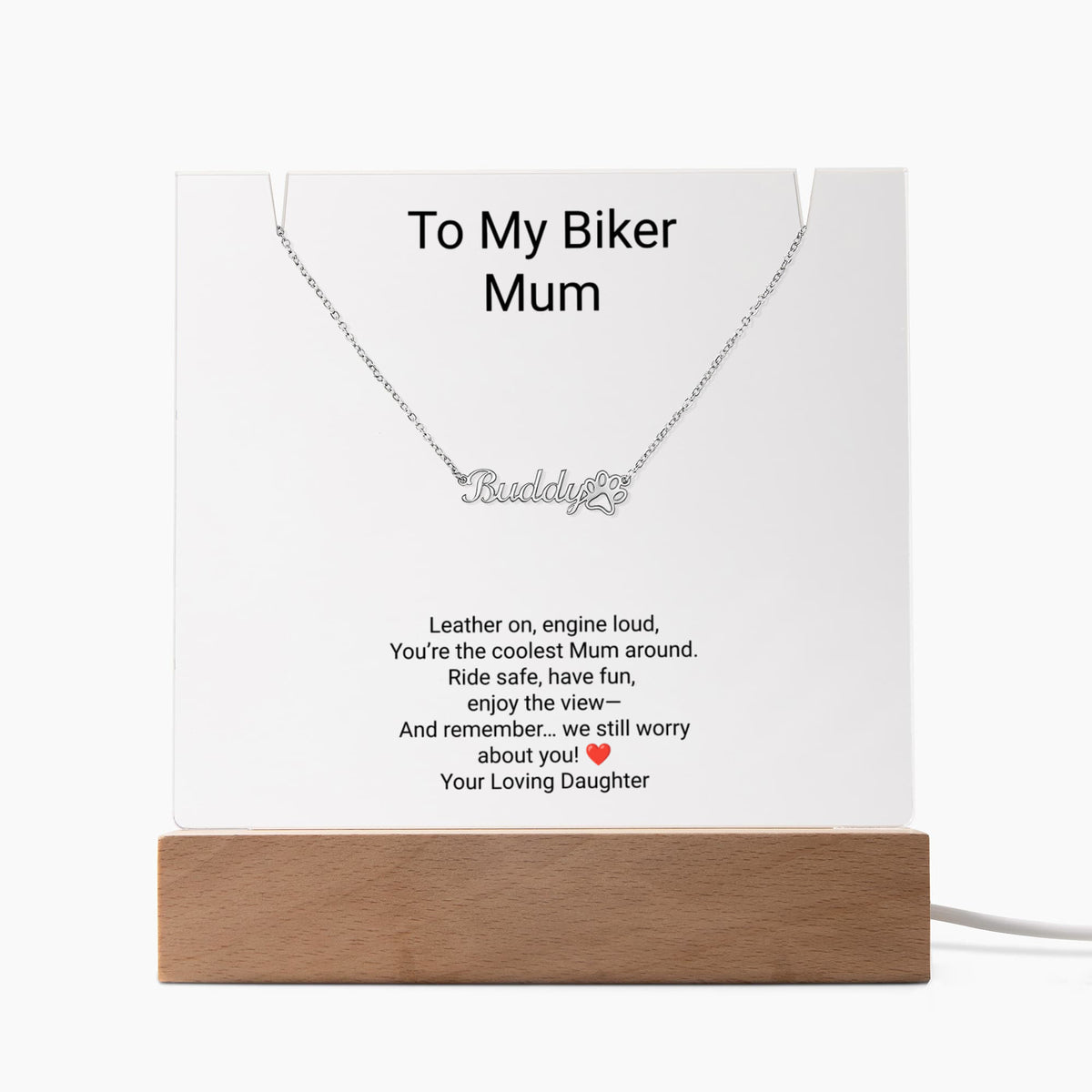 Biker Mum Keepsake Acrylic & Paw Print Name Necklace – Personalised Gift for Mum
