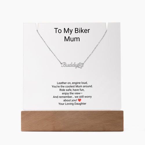 Biker Mum Keepsake Acrylic & Paw Print Name Necklace – Personalised Gift for Mum