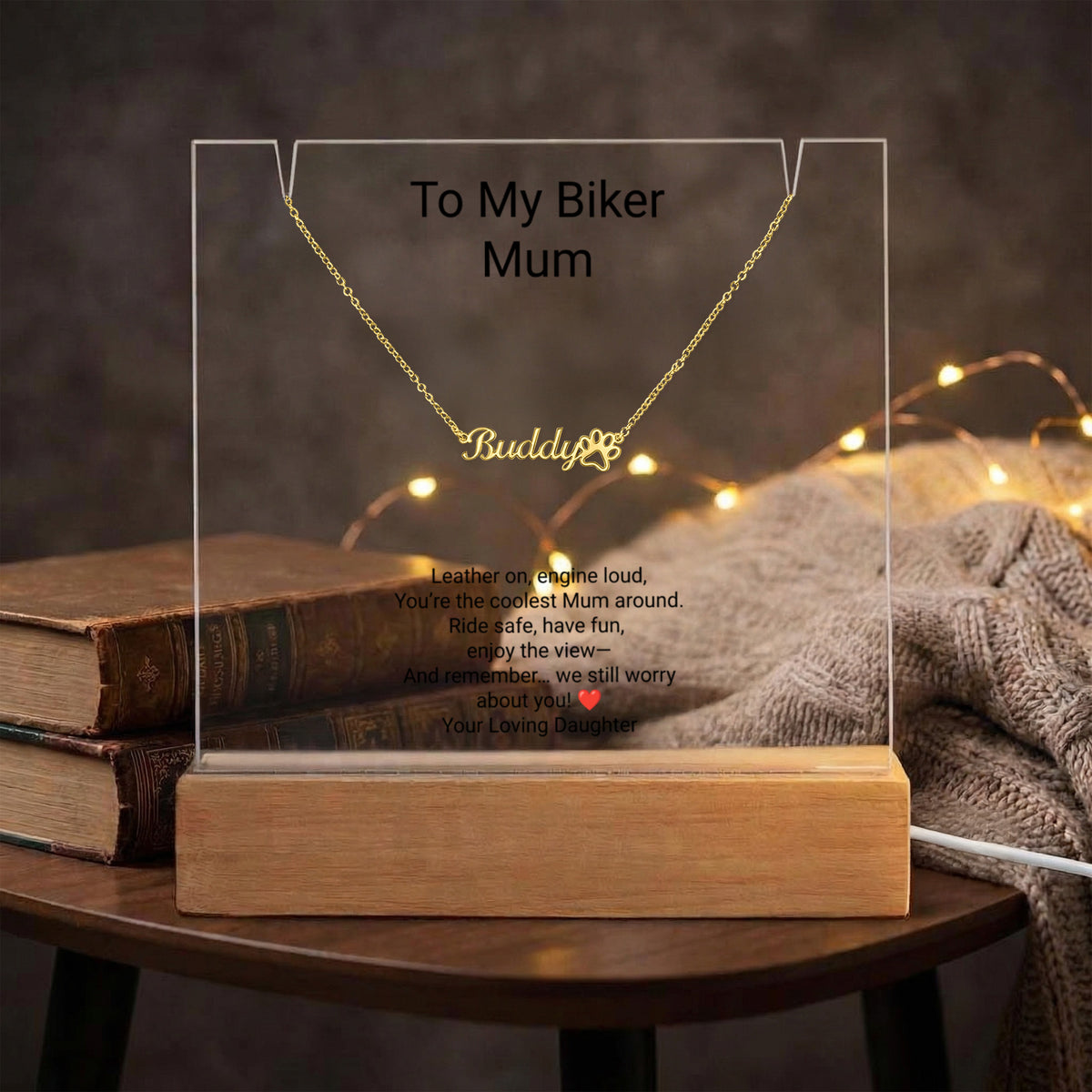 Biker Mum Keepsake Acrylic & Paw Print Name Necklace – Personalised Gift for Mum
