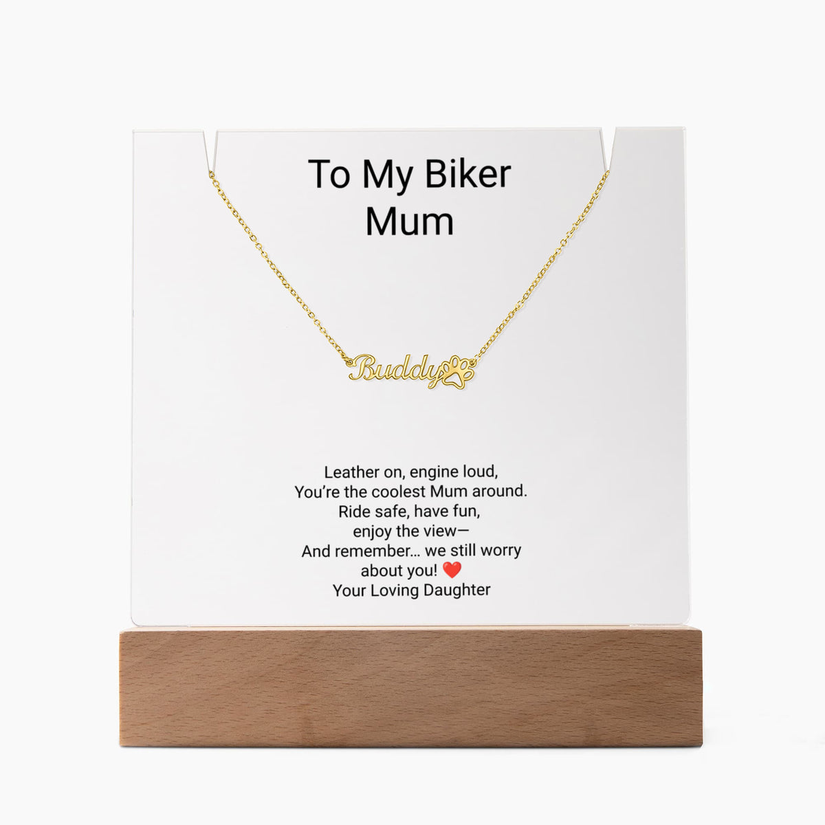Biker Mum Keepsake Acrylic & Paw Print Name Necklace – Personalised Gift for Mum