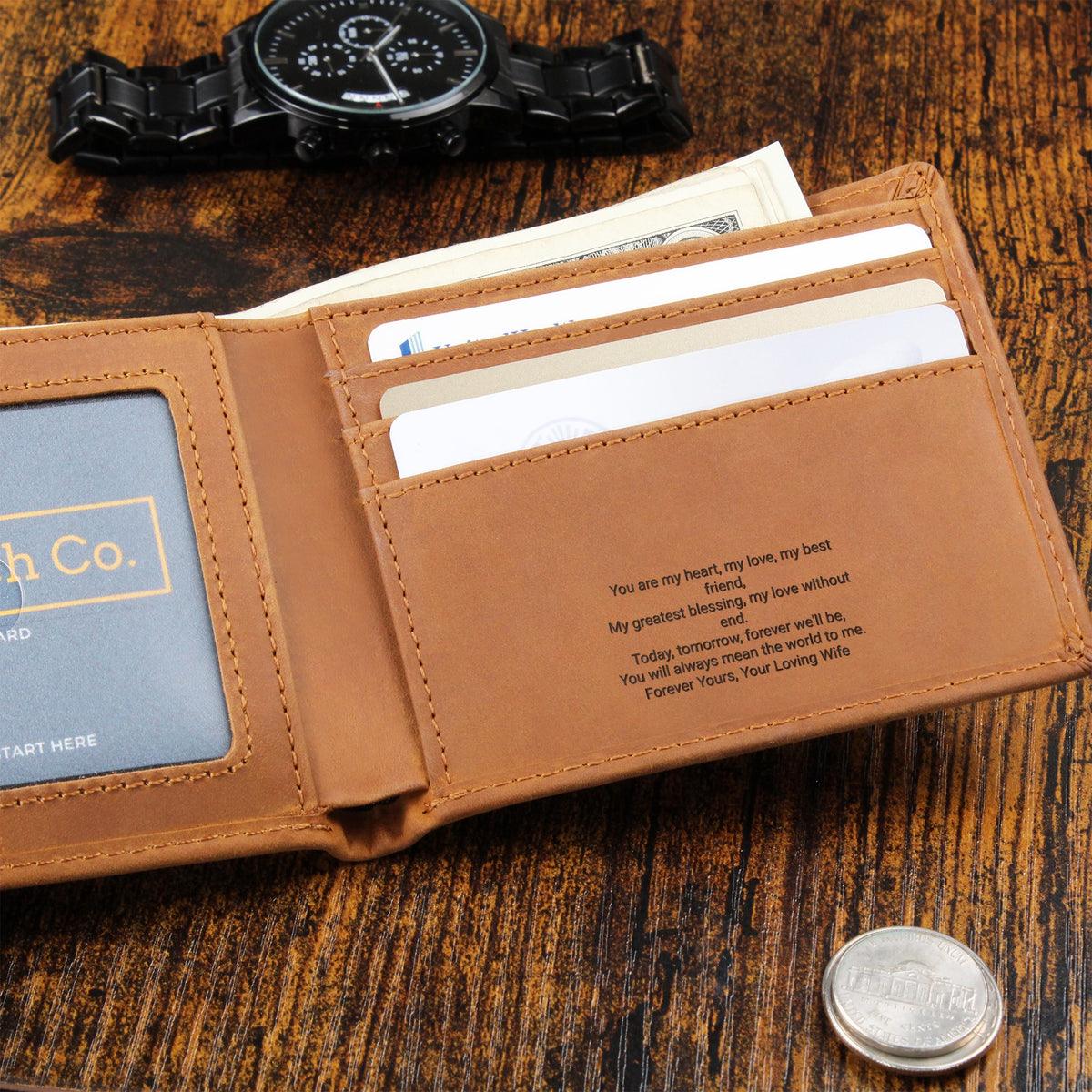 Personalised Engraved Leather Wallet for Husband – Hidden Message Inside