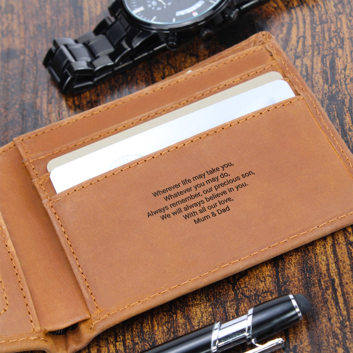 Personalised Leather Wallet for Son | Engraved Gift from Mum & Dad