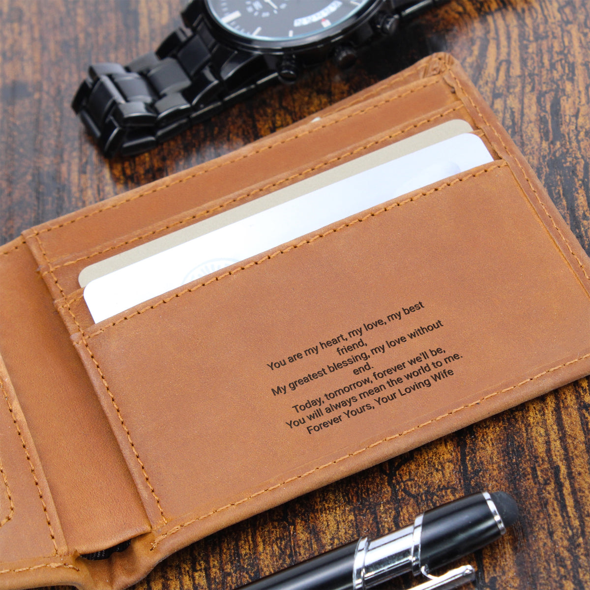 Personalised Engraved Leather Wallet for Husband – Hidden Message Inside