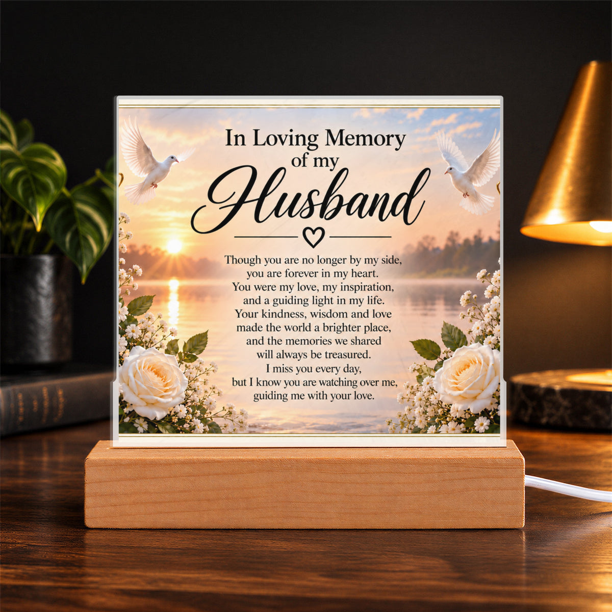In Loving Memory of Husband Acrylic Plaque with Wooden Base | Memorial Gift