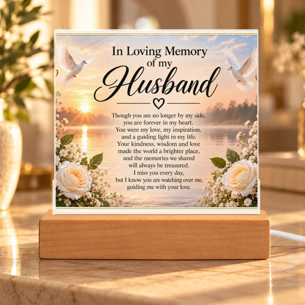 In Loving Memory of Husband Acrylic Plaque with Wooden Base | Memorial Gift
