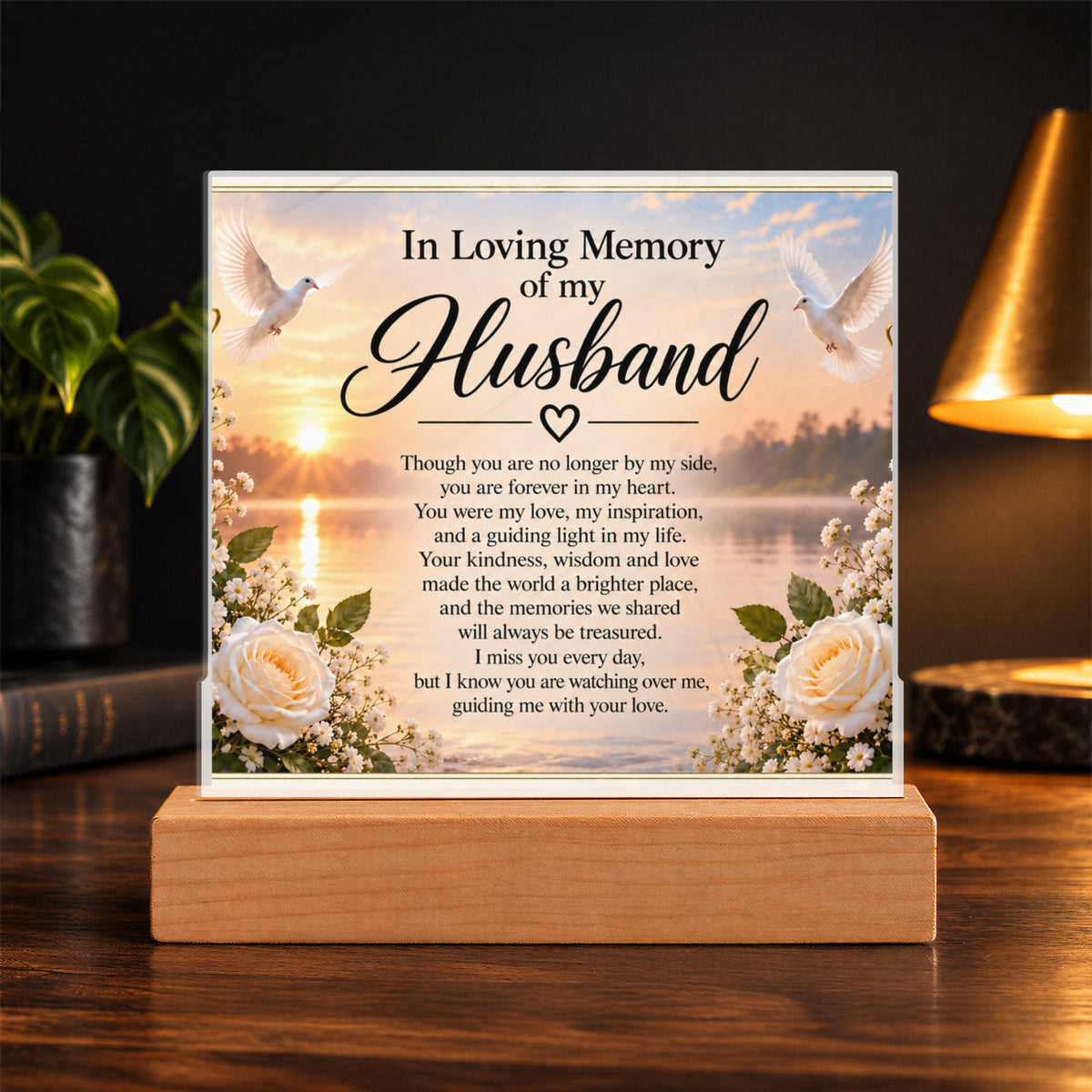 In Loving Memory of Husband Acrylic Plaque with Wooden Base | Memorial Gift