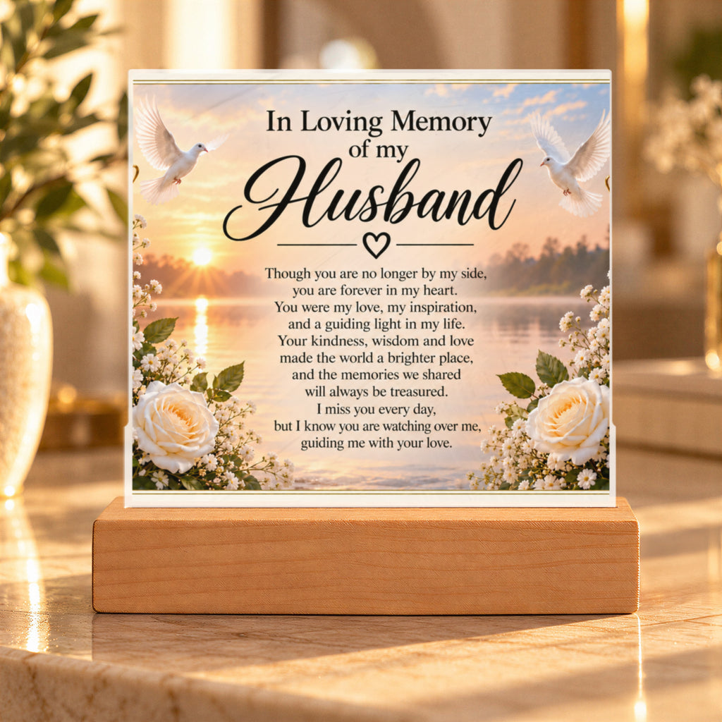 In Loving Memory of Husband Acrylic Plaque with Wooden Base | Memorial Gift