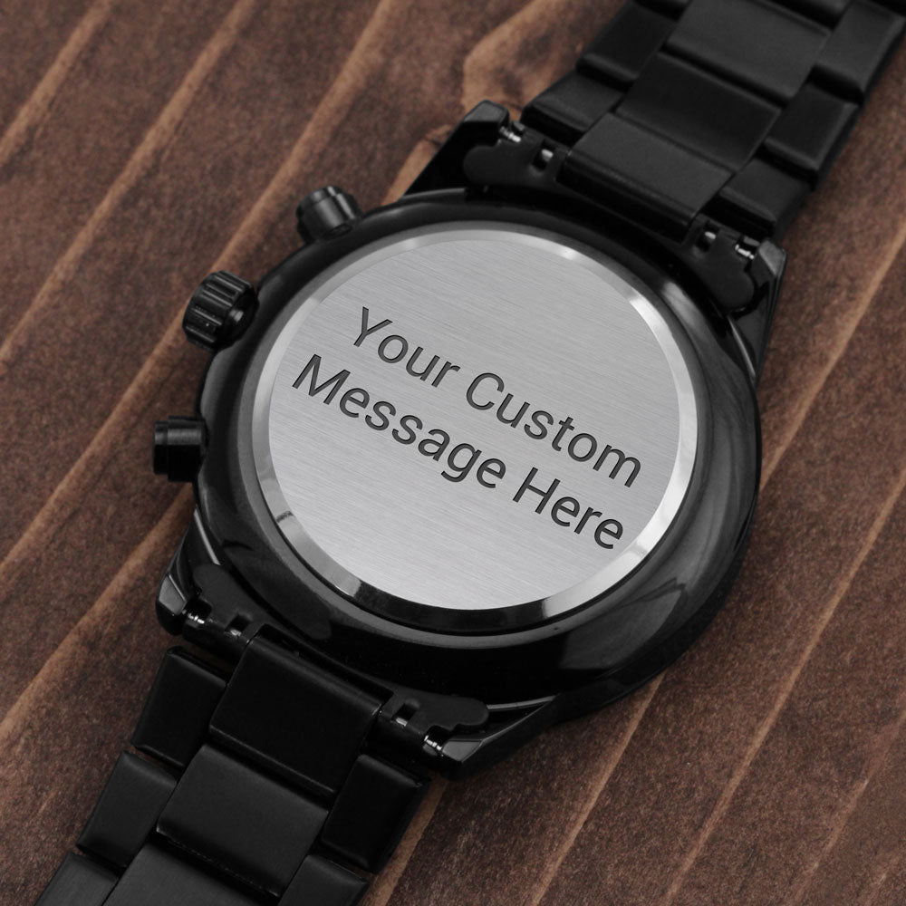 Personalised Black Chronograph Watch for Dad – Custom Engraved with Photo Upload