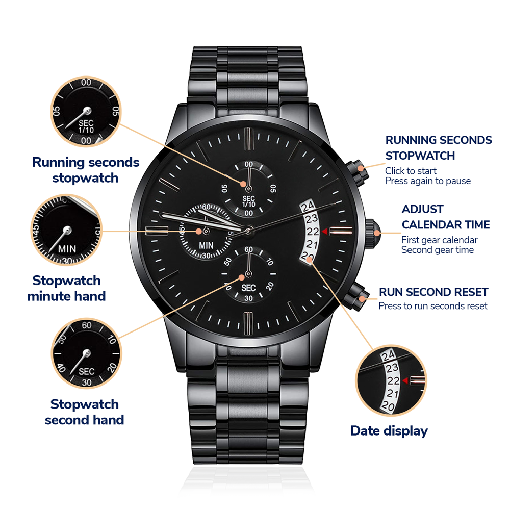 Personalised Black Chronograph Watch for Son – Custom Engraved with Photo Upload