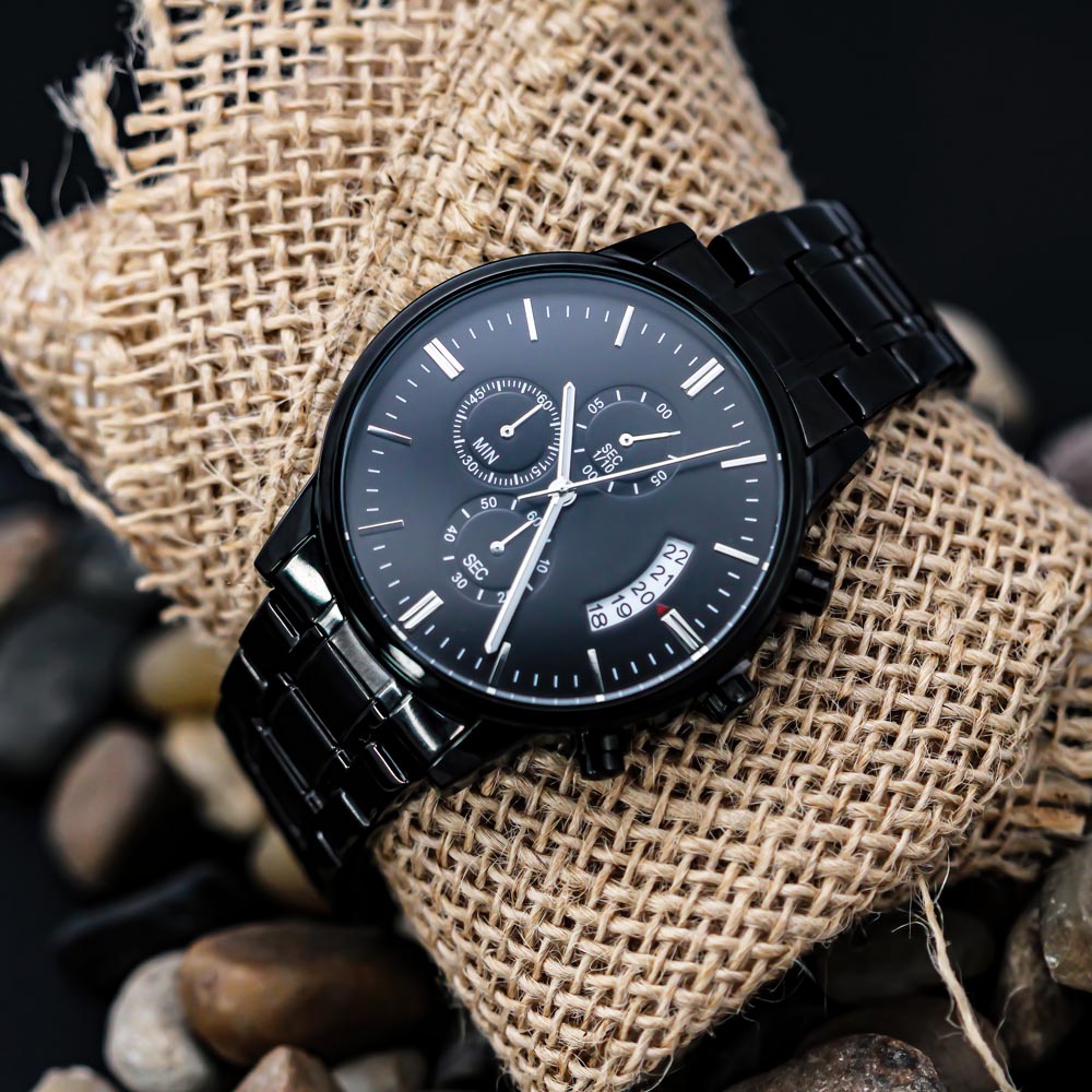 Personalised Black Chronograph Watch for Son – Custom Engraved with Photo Upload