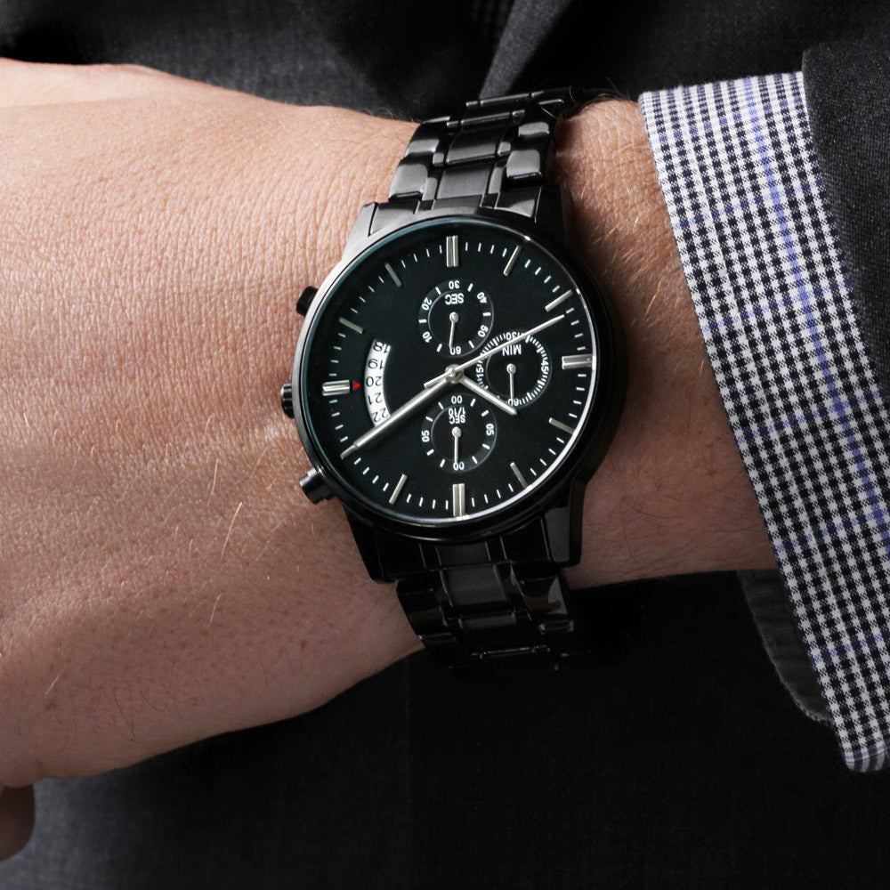 Personalised Black Chronograph Watch for Dad – Custom Engraved with Photo Upload