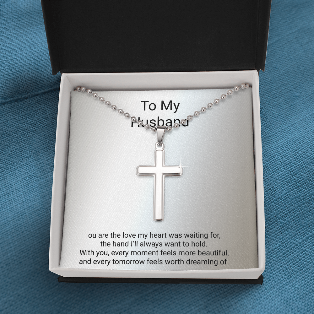 Husband Gift Artisan Cross Necklace with Ball Chain – Romantic Christian Gift for Him
