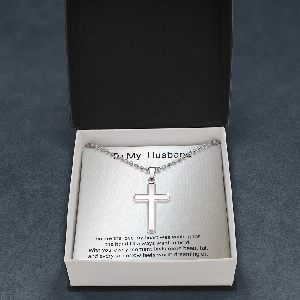 Husband Gift Artisan Cross Necklace with Ball Chain – Romantic Christian Gift for Him