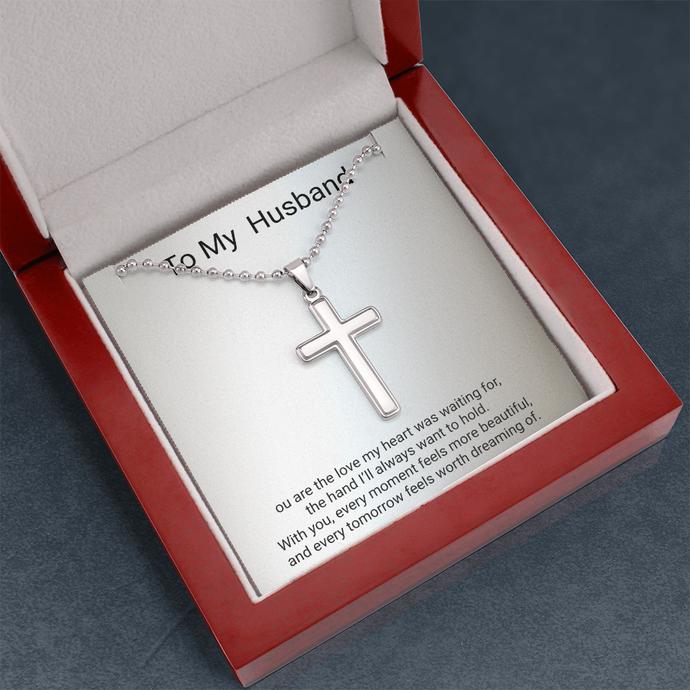 Husband Gift Artisan Cross Necklace with Ball Chain – Romantic Christian Gift for Him
