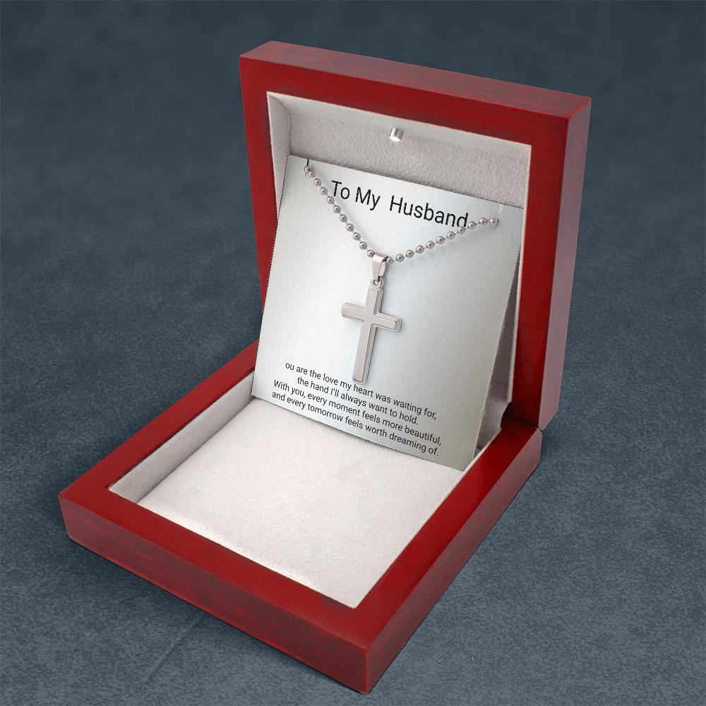 Husband Gift Artisan Cross Necklace with Ball Chain – Romantic Christian Gift for Him