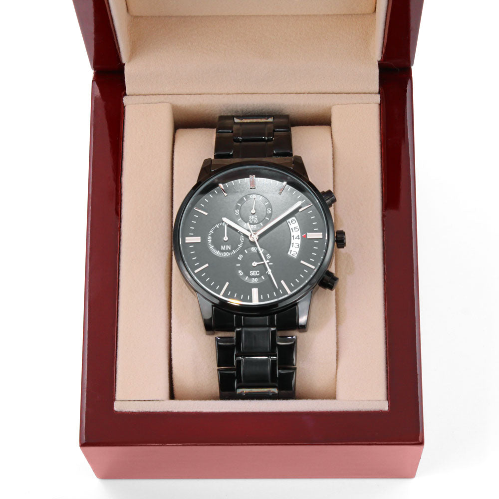 Personalised Black Chronograph Watch for Dad – Custom Engraved with Photo Upload