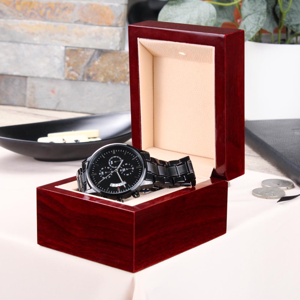 Personalised Black Chronograph Watch for Dad – Custom Engraved with Photo Upload