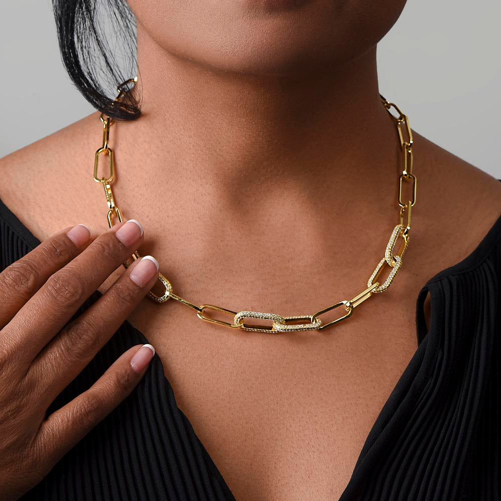 Gift for Mom – CZ Paperclip Forever Linked Necklace with Embellished Chain