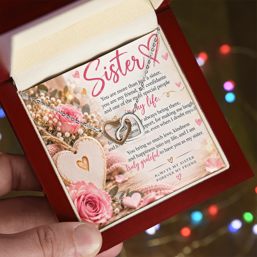 Interlocking Hearts Necklace for Sister – Yellow & White Gold Gift